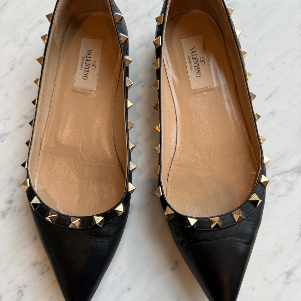Valentino Garavani Black Leather Pointed Rockstud Flats with Gold Studs